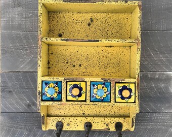 Apothecary Cabinet Hand Painted Warm Yellow Over Dark Walnut with 4 Ceramic Herb Drawers Wall Mount Storage Shelf, Item #597647154