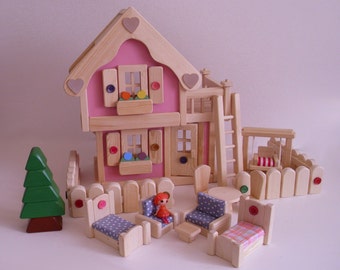 Wooden Dollhouse, Doll House, Wood Toy Furniture, Waldorf inspired toy, Kids Birthday gift, Jacobs Wooden Toys 'PINK BLOSSOM'