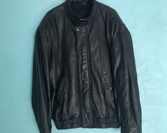 80's Leather Bomber. Black Leather Jacket. Size XL