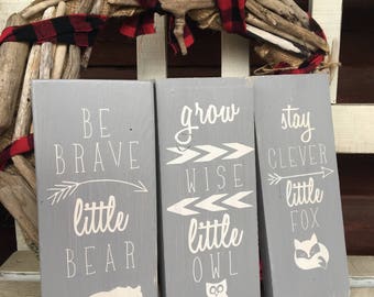 WOODLAND NURSERY DECOR/Set of 3/Forest Nursery Art/Hunting Nursery Decor/Bear Wood Sign/Fox Wood Sign/Owl Wood Sign/Wildlife Signs/