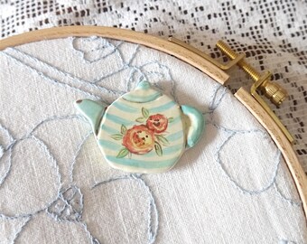 Ceramic Porcelain Needleminder, Painted Blue and Yellow Striped Teapot with Red and Pink Flowers