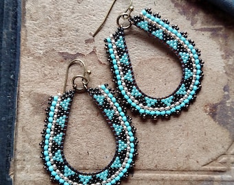 Blue and Gold Beaded Hoops, Geometric Beadwork with Aqua Accents, Southwest Inspired, Brass Oval Hoop Earrings, Seed Bead Earrings