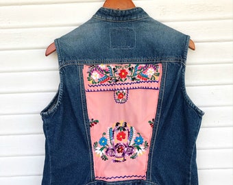 Mexican Embroidered Denim Vest - Denim - Patched - Upcycled Vest - Size Large