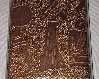 Vintage Two-sided Slim Pocket Cigarette Case, Egyptian themed, vintage cigarette box, brown, metal, case, makeup case, vintage accessories