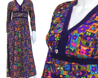 Vintage Clothing, Boho Maxi Dress XS, 70s Patchwork Dress, Maxi Dress, Kitsch Dress, Hippie Dress, Purple Dress, Long Sleeve Dress, SIZE XS