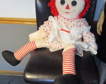 35" Raggedy Ann Doll Hand-Made Hatfield's Craft Dressed in Hearts with I Love You Heart Chest