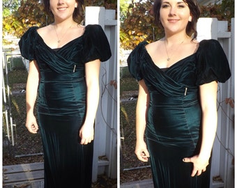 Green Velvet Gown Formal 80s Romantic Long Dress 11 S M