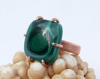 Malachite Ring, copper prong set natural green stone, size 8.5