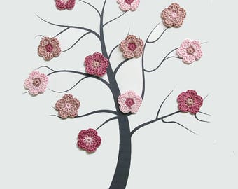 Tiny flower appliques, 12 pc., 0.8 inches, crocheted, baby pink, dusty rose and soft orchid mix (A10137)