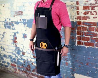 Black Canvas Apron, Leather and Non Waxed Canvas Apron, Custom Men's Apron with Custom Engraving