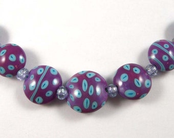 Purple Lentil Handmade Lampwork Glass Bead Set with Turquoise Accents and Micro Dichros
