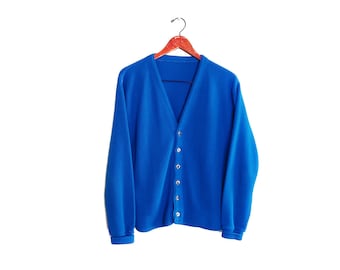 vintage cardigan / grandpa cardigan / blue cardigan / 1960s bright blue grunge acrylic cardigan Large