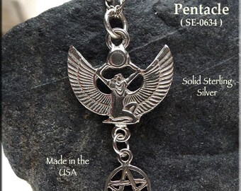 Sterling Silver Isis Pendant w Dangling Pentacle, Egyptian Goddess Necklace, Egyptian Jewelry, Isis Pendant, Isis Pentagram Pendant SE-0634