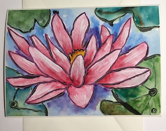 Pink Waterlily Flower Hand-painted Watercolor Notecard with Original Painting, Handmade Art Card with Envelope