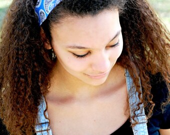 Bow Tie Headband, Bandana Style Blue Paisley Vintage Inspired Head Scarf