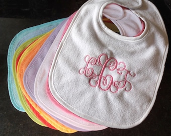 Monogram bib, embroidered bib, monogrammed bib, pvc-free bib, initial bib, baby bib, personalized bib, baby shower gift, initials bib