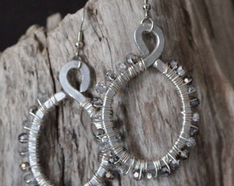 Industrial steam punk silver sparkle hoops