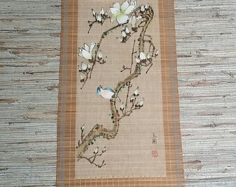 Vintage Chinese Woven Bamboo Painting Wall Hanging With Birds And Flowers Signed