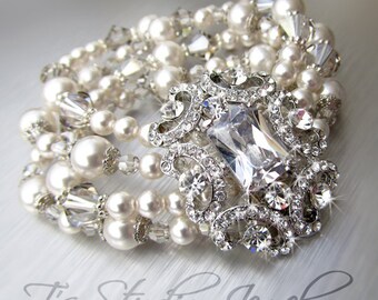 Pearl and Crystal Bridal Bracelet Multi Strand Wedding Cuff with Rhinestone Crystal Brooch - ASHLEY