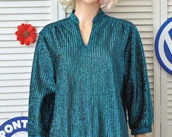 Vintage Womens Metallic Thread Blue & Black Shirt 70s 80s shimmery Disco Funk Blouse Top/Theater Costume Old Pueblo Traders size 16 Large