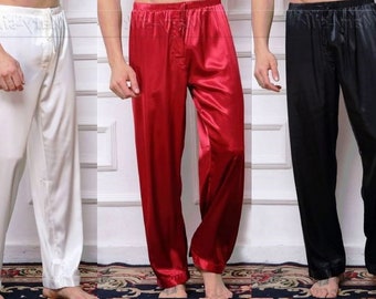 CUSTOM MADE. Mens Satin Lounge Pant, Tall Mens Satin Bottoms, Big & Tall Silk Pants, Short Small Mens Pajama PJ Bottoms, Mens Pyjamas