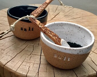 Salt cellar and rustic spoon set