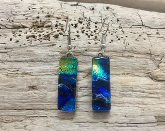 jewelry, dichroic glass earrings, glass earrings, glass, handmade fused glass, dichroic glass, dangle earrings, Dichroic Glass earrings
