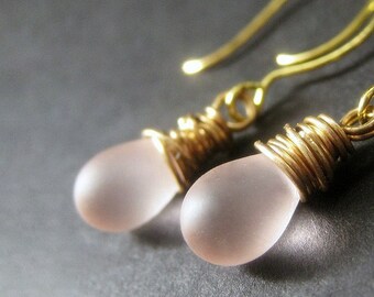 Satin Pink Earrings, Gold Wire Wrapped Teardrop Earrings. Handmade Jewelry by Gilliauna