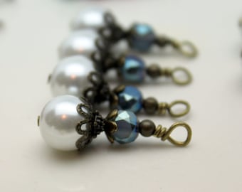 White Round Pearl and Montana Blue Coin Crystal Bead Dangle, Pendant, Earring Dangle, Charm Drop Set
