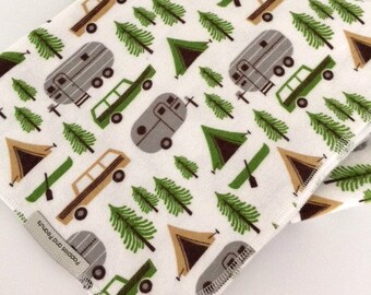 XL flannel baby blanket with vintage camp scene -Airstream camper -tent