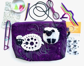 Knitting Notions Kit, HiyaHiya Accessory Case-Red, Black Needlepoint SlipNSnip Scissors Lantern Moon Sheep Tape Measure, Stitch Markers 11PC