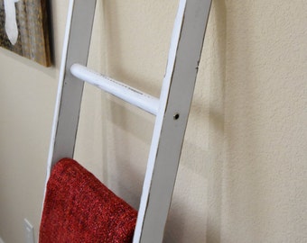 Blanket Ladder, Rustic Vintage Ladder, quilt ladder rack, white and walnut distressed wood furniture 5', stepladder, wooden ladders
