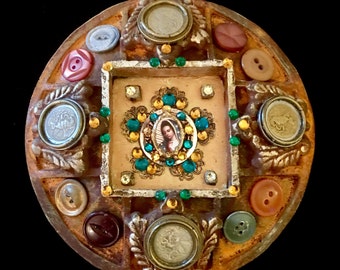 Terra Cotta Devotional Shrine to Our Lady Of Guadalupe with Vintage Buttons, Vintage Cabochons and Vintage Pesos