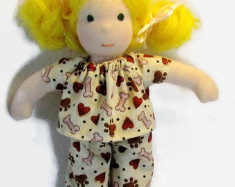 Doll clothes, thin 8 inch waldorf doll PJs, waldorf doll pajamas, slim doll clothes, small tiny doll clothes, doggy doll PJs, handmade
