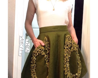 OOAK - High Waisted HANDMADE - VINTAGE Skirt! Olive Green with 2 Pockets & Felt Flowers !