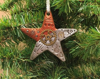 Christmas Star Holiday Ornament - Steampunk Christmas Tree Home Decor Polymer Clay Industrial style 7