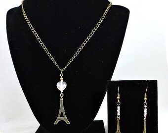 Antique Eiffel Tower Earrings and necklace Set with Pink Beads