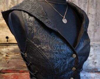 M, PEARL NOIR, Belladonna, Waistcoat, Hooded, Lace, Tribal fusion, Corset, Burning Man, Steam Punk, Fitted, Hooded, Goth, Ladies, Festival