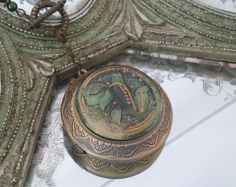 Art glass button locket necklace Victorian green purple tulip