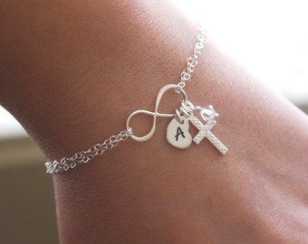 Sterling Silver Cross Bracelet, Cross Infinity Bracelet, Cross Heart Bracelet, Cross Initial Bracelet, Personalized, Confirmation Gift