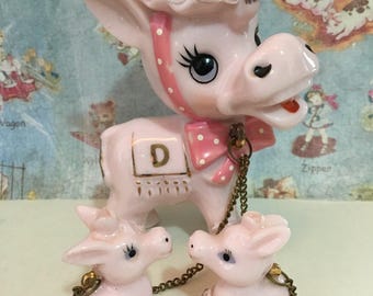 FREE WORLDWIDE SHIPPING Rare Vintage Antique Pink Donkey Family Figurines Collectibles or Cake Toppers
