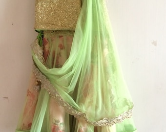 Sequin floral lehenga in green
