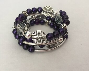 Beaded Bracelet with Silver Plated Tubes, Memory Wire Bracelet, Gift for her, Valentines gift