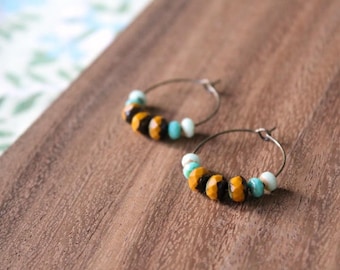 mustard mint czech glass hoop earrings