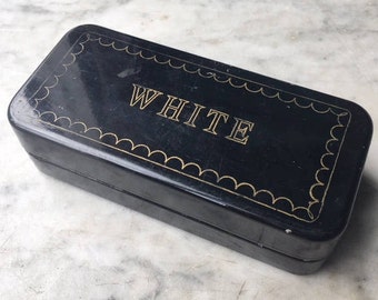 Vintage White Rotary Sewing Machine Attachments // Black Tin Metal Hinged Storage Box Container Purple Velvet // Industrial Steampunk Decor