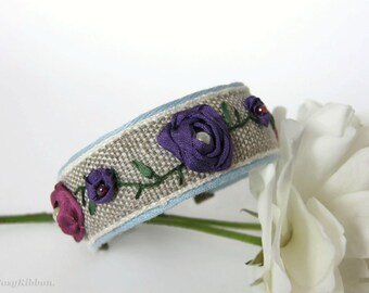 Free Shipping Fabric Cuff Bracelet , Linen and Silk Cuff Bracelet , Purple Floral Romantic Fabric Cuff, Wedding Cuff Bracelet, Gift for Her