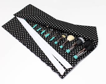 Black and White Polka Dot print Large Makeup Brush Roll Holder Organizer - In Stock Ready To Ship