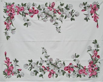 Vintage Tablecloth Pink Green Bearded Iris Printed Table Cloth Cottage Decor Mid Century Kitchen Linens