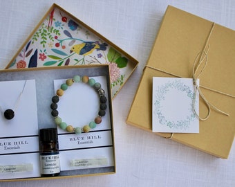 Essential Oil Gift Set Lava Essential Oil Necklace and Lava and Amazonite Bracelet Pure Lavender Free Shipping Priority Shipping Available