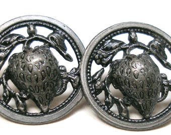 Strawberries, Antique BUTTONS, 2 Victorian fruit with dark tint, 11/16".